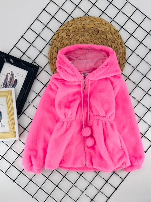 0895 Bel Lastikli Ponponlu Kız Çocuk Kürk Mont-FOSFORLU PEMBE