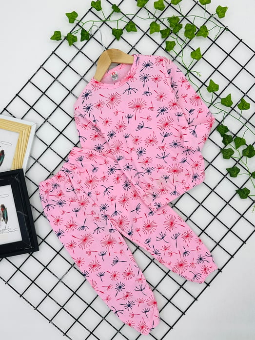 090 Çiçek Desenli Kız Çocuk İçi Şardonlu Takım-PEMBE