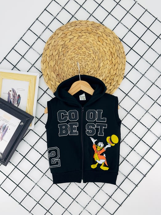 0931-3 Cool Best Yazılı Baskılı Erkek Çocuk Şardonlu Üç İplik Yelek-SİYAH