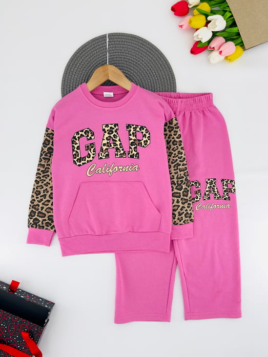 0993-4 GP Baskılı Kolları Leopar Desen Kız Çocuk İki İplik Takım-PEMBE