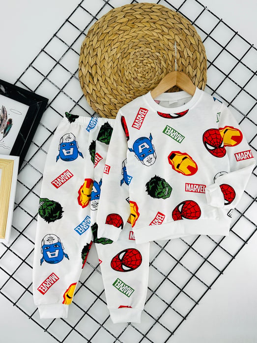 1000-21 Marvel Yazılı Karakter Baskılı Erkek Çocuk Penye Pijama Takımı-KREM