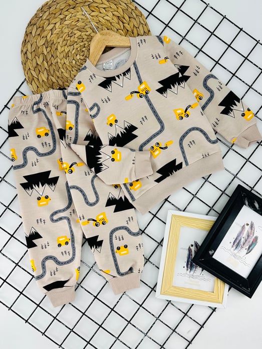 1000-24 Yol Desen Baskılı Erkek Çocuk Penye Pijama Takımı-BEJ