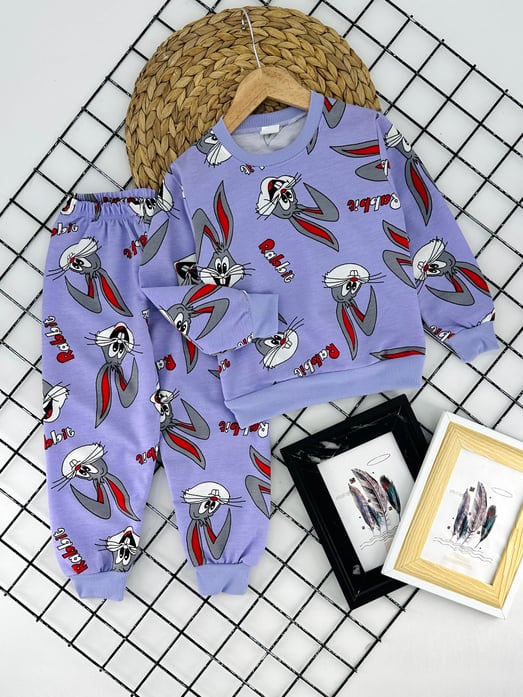 1000-36 Robbit Tavşan Baskılı Kız Çocuk Penye Pijama Takımı-LİLA
