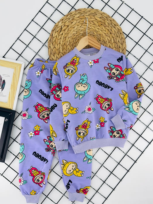1000-39 Lbb Yazılı Baskılı Kız Çocuk İki İplik Penye Pijama Takım-LİLA