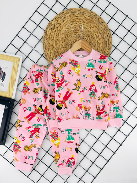 1000-40 Lıon Balon Naskılı Kız Çocuk Penye Pijama Takım-PEMBE
