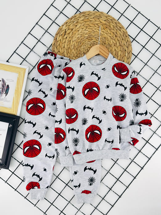 1000-44 Örümcek Ağ Baskılı Erkek Çocuk Penye Pijama Takım-GRİ