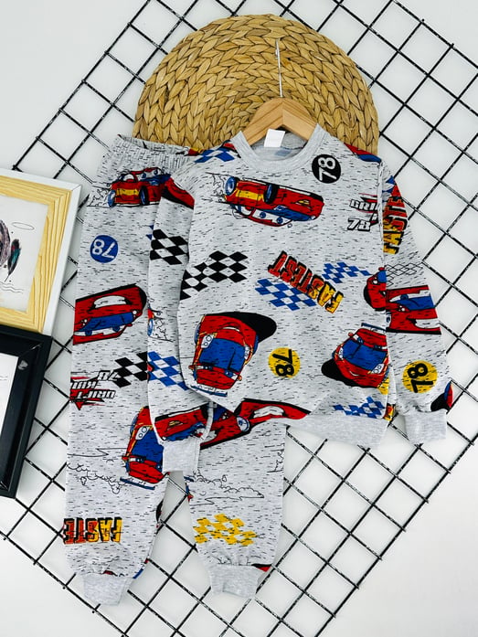 1000-45 Araba Baskılı Erkek Çocuk Penye Pijama Takım-GRİ