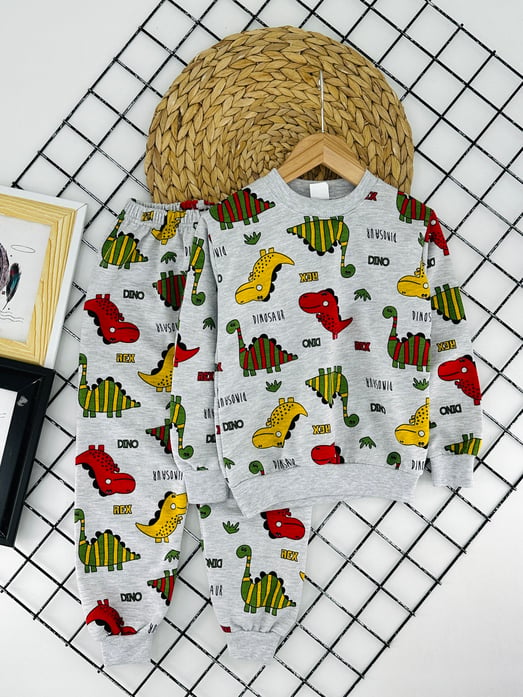 1000-46 Ret Dinazor Baskılı Erkek Çocuk Penye Pijama Takım-GRİ