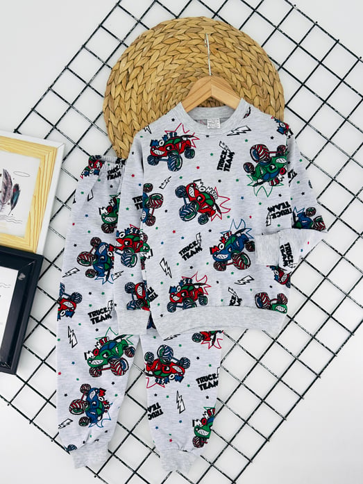 1000-47 Motor Baskılı Erkek Çocuk Penye Pijama Takım-GRİ