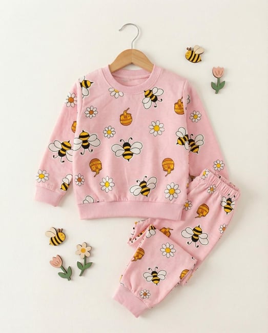 1000-49 Arı Bal Baskılı Kız Çocuk Pijama Takımı-PEMBE