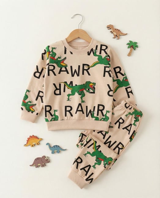 1000-54 Rawr Dinazor Baskılı Erkek Çocuk Pijama Takımı-BEJ