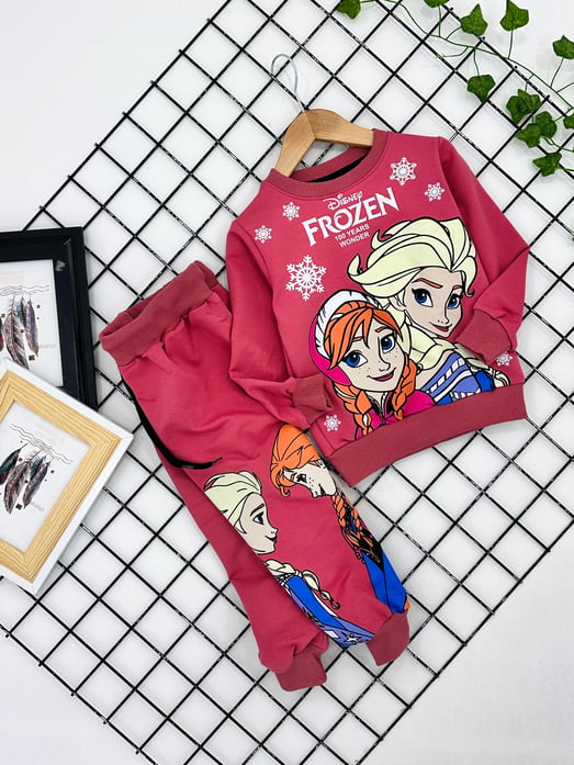 1003-1 Frozen Yazılı Kar Tanesi Baskılı Kız Çocuk Penye Takım-GÜL KURUSU