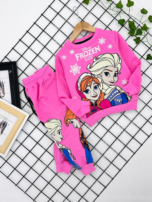 1003-1 Frozen Yazılı Kar Tanesi Baskılı Kız Çocuk Penye Takım-PEMBE