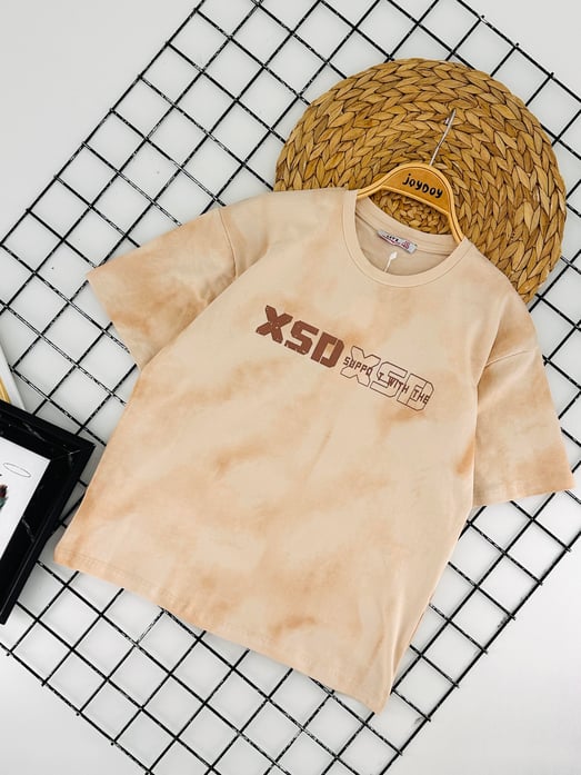 10133 Xsd Yazılı Baskılı Erkek Çocuk Penye Oversize Tişört-BEJ