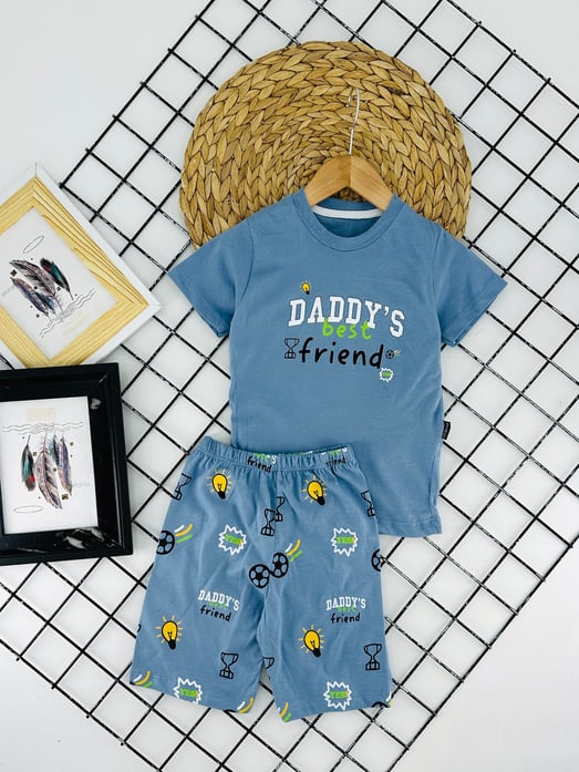 1020-3 Daddy's Best Baskılı Erkek Şortlu Takım-MAVİ