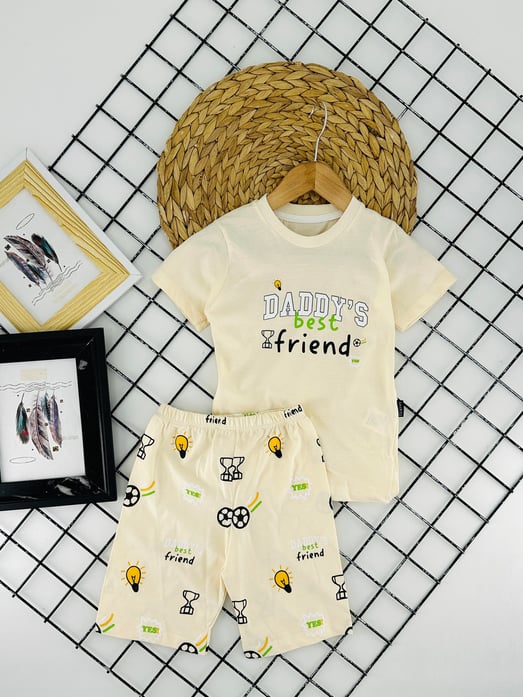 1020-3 Daddy's Best Baskılı Erkek Şortlu Takım-KREM