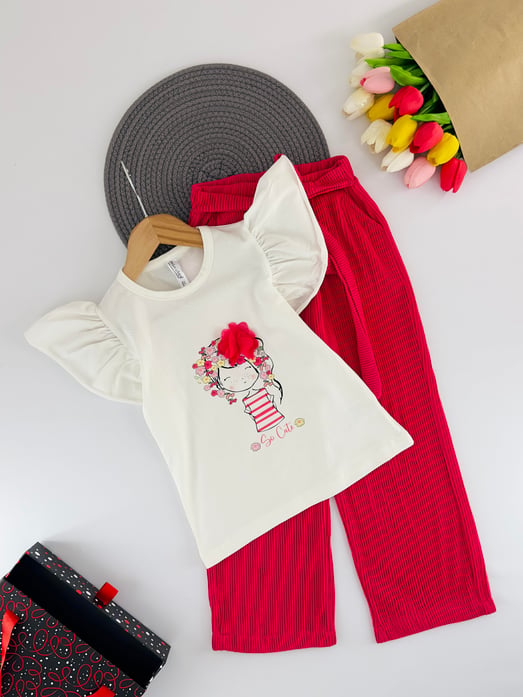 1031-2 So Cute Yazılı Kız Çocuk Çiçek Baskılı Takım-FUŞYA