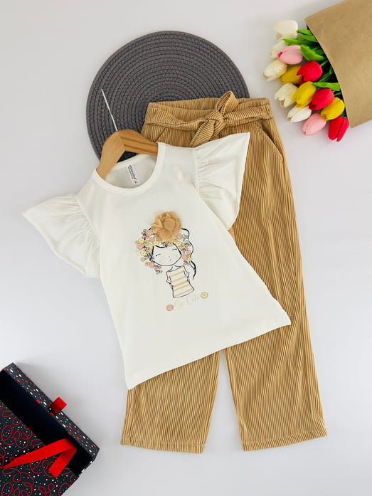 1031-2 So Cute Yazılı Kız Çocuk Çiçek Baskılı Takım-BEJ