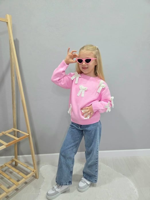 1033 Kurdale Detaylı Kot Pantolonlu Kız Çocuk Triko Takım-PEMBE