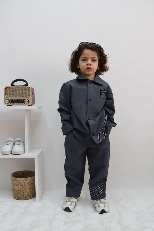 1051 Yanları Şeritli Erkek Çocuk Micro Kumaş Takım-FÜME