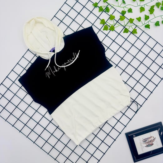 1055 Make Yourself Baskılı Kapşonlu Oversize Kız Çocuk Tişört-SİYAH