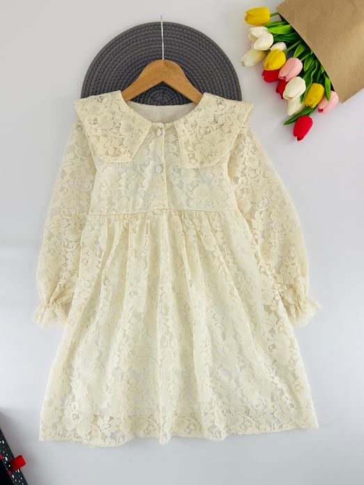 1100-15 Bebe Yaka Düğmeli Dantelli Kız Çocuk Elbise-KREM