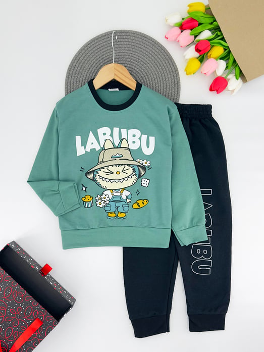 1130-4 Lbb Yazılı Erkek Çocuk Penye Takım-YEŞİL