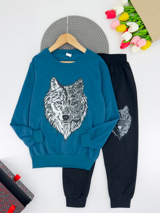 1142-1 Kurt Baskılı İki İp Erkek Çocuk Takım-İNDİGO MAVİ