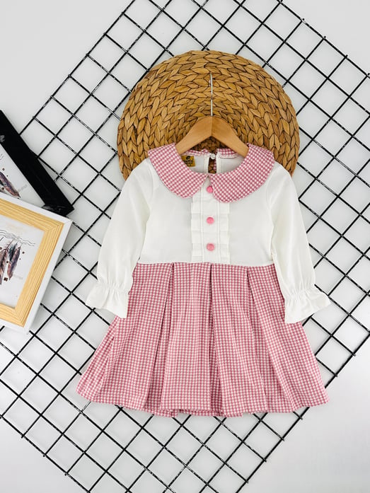 12538 Bebe Yaka Önü Düğmeli Fırfırlı Kız Çocuk Elbise-PEMBE