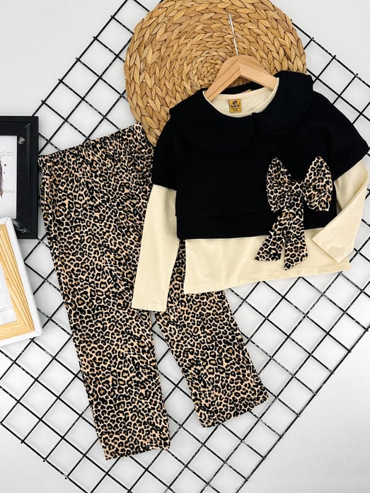 12557 Ön Fiyonklu Leopar Desen Kız Çocuk 3 Lü Takım-KREM