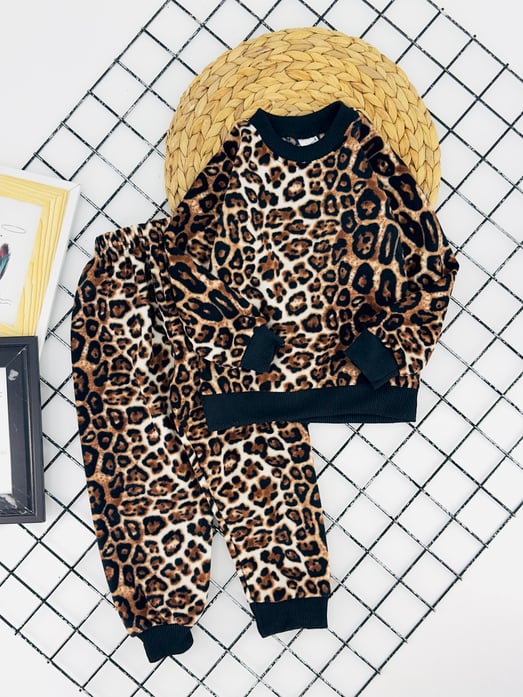 129-5 Leopar Desenli Kız Çocuk Fırçalı Polar Takım-LEOPAR