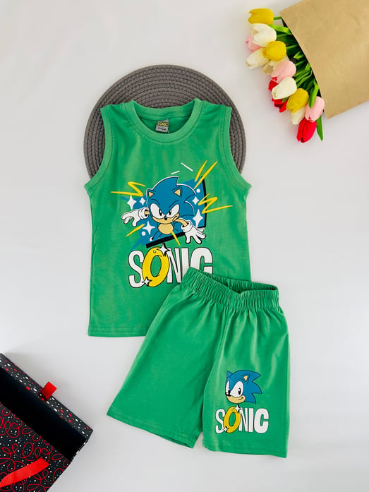 1305-25 Şimşek Sonic Baskılı Erkek Çocuk Şortlu Takım-YEŞİL