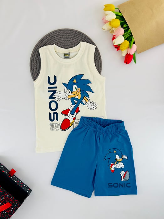 1305-25 Şimşek Sonic Baskılı Erkek Çocuk Şortlu Takım-BEYAZ
