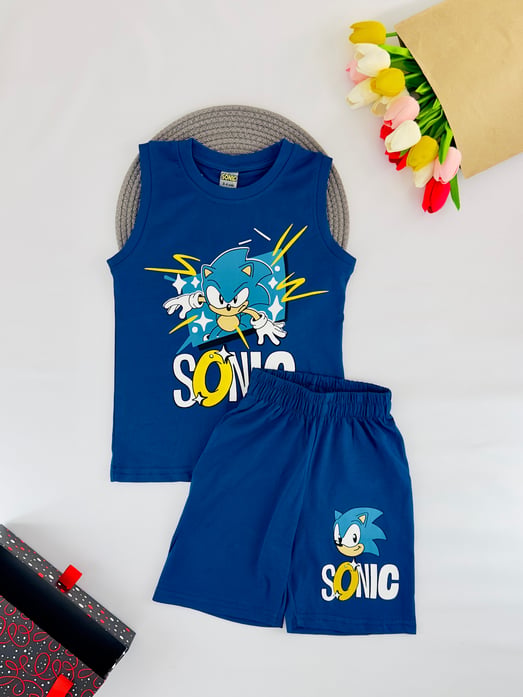 1305-25 Şimşek Sonic Baskılı Erkek Çocuk Şortlu Takım-İNDİGO MAVİ