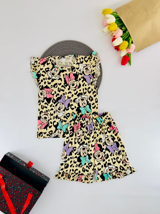 1503-3 Leopar Desen Mk Ms Baskılı Kız Çocuk Şortlu Penye Takım-KREM