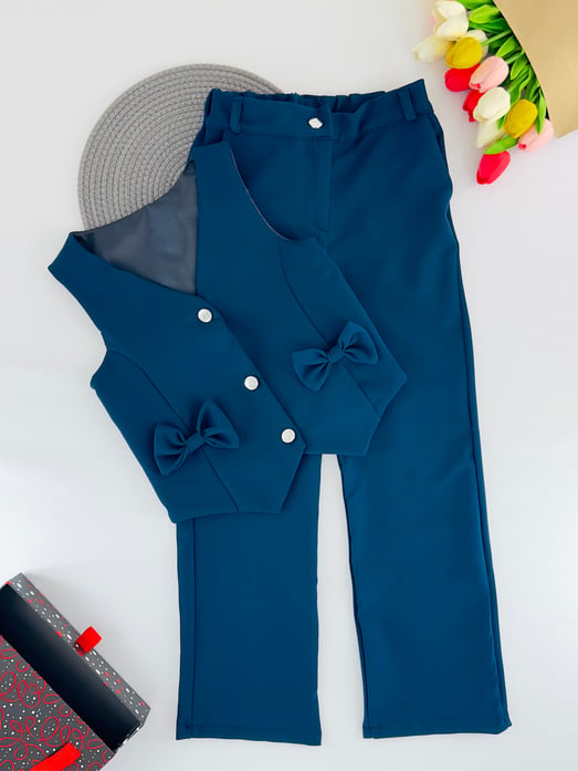 1700-2 Önü İki Fiyonklu Düğmeli Kız Çocuk Takım-LACİVERT