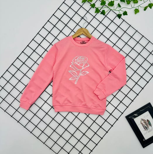 170330 Önü Gül Baskılı Kız Çocuk Mevsimlik Sweat-PEMBE