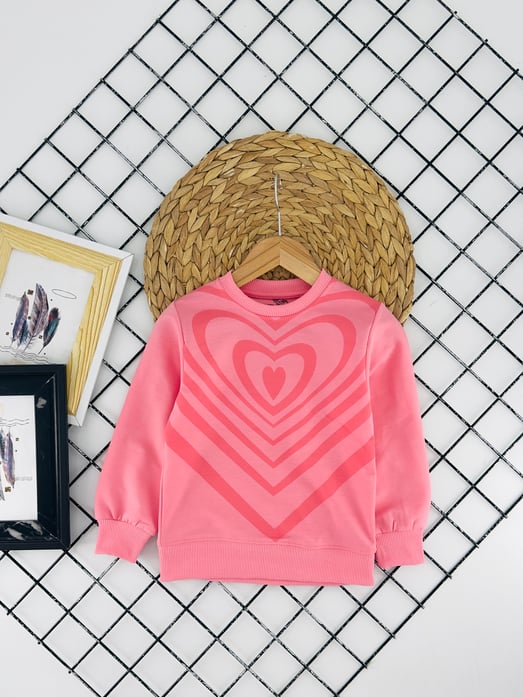 170335 Kalp Baskılı Kız Çocuk Penye Sweat-PEMBE