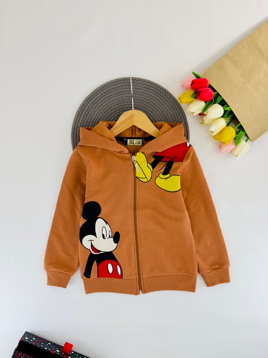 17206 Kapşonlu Mickey Baskılı Erkek Çocuk Penye Mevsimlik Hırka-TABA