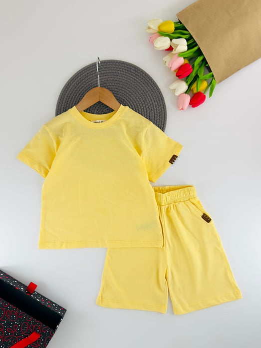 19403 Düz Bisiklet Yaka Unisex Şortlu Takım-SARI