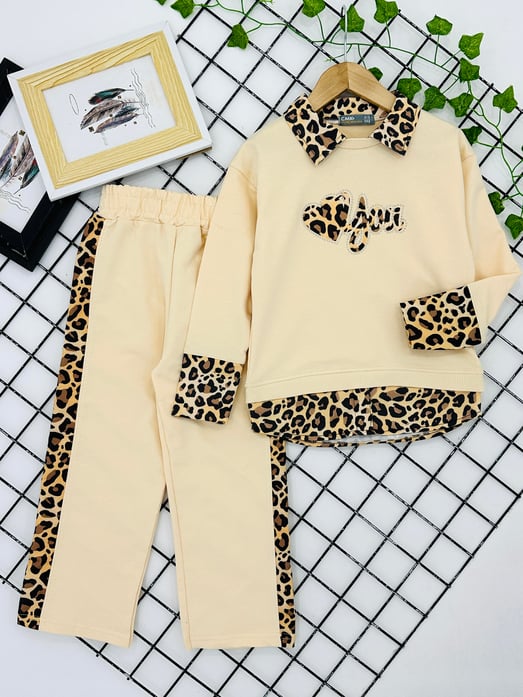 200855 Yakalı Leopar Desen Kız Çocuk Taytlı Takım-KREM