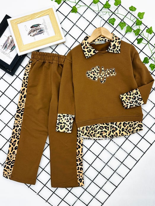200855 Yakalı Leopar Desen Kız Çocuk Taytlı Takım-KAHVE