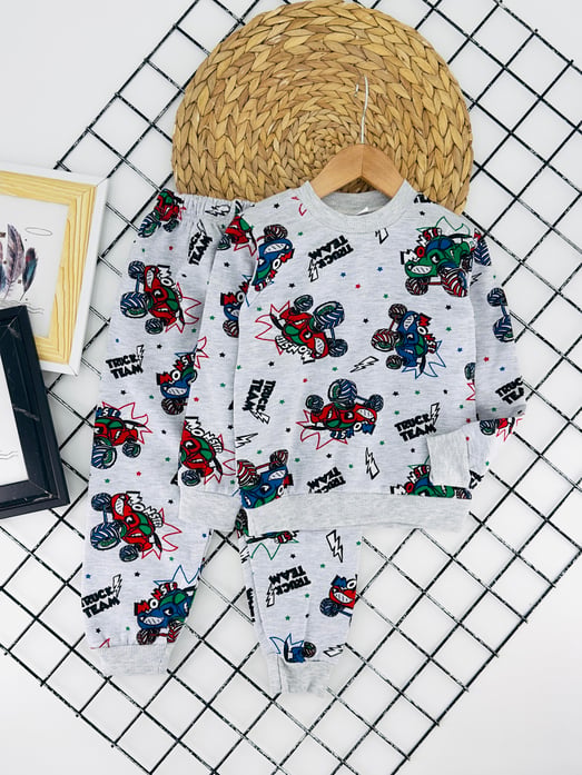 2023-29 Motor Baskılı İki İplik Şardonlu Erkek Çocuk Pijama Takım-GRİ