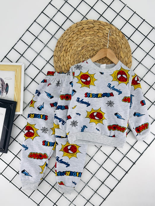 2023-3 Spdm Yazılı Ağ Baskılı  Erkek Çocuk Şardonlu Pijama Takımı-GRİ