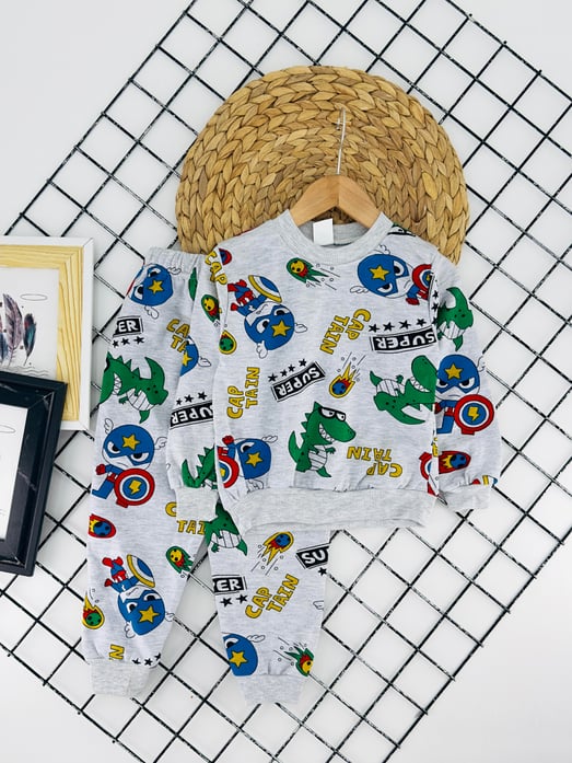2023-30 Kaptan Amrk Baskılı İki İplik Şardonlu Erkek Çocuk Pijama Takım-GRİ