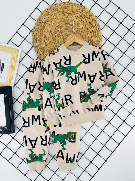 2023-4 Dinozor Baskılı Erkek Çocuk Şardonlu Pijama Takımı-BEJ