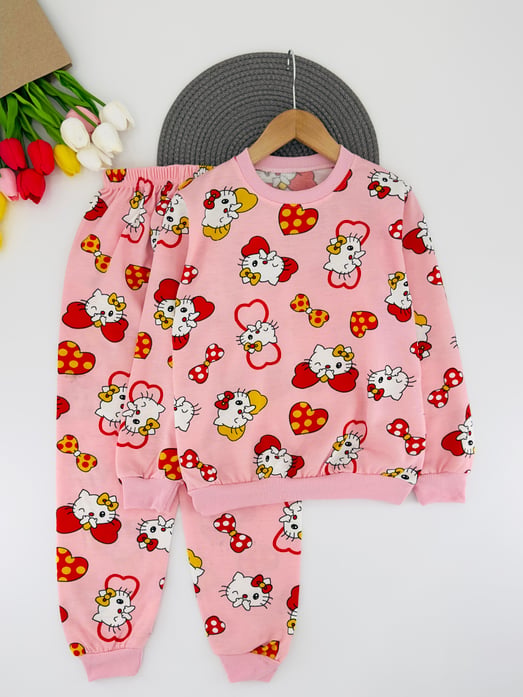 2023-40 Hello Kty Baskılı Kız Çocuk Şardonlu Pijama Takımı-PEMBE