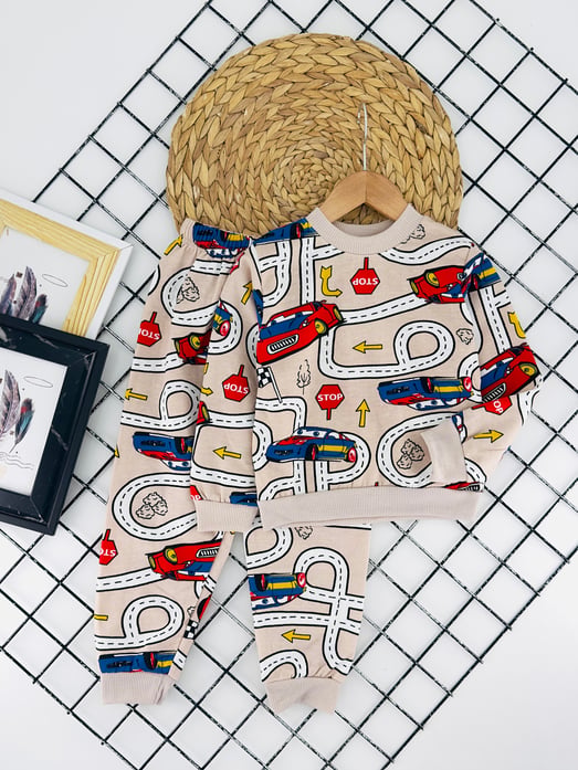 2023-5 Yol Desen Stop Yazılı  Şardonlu Erkek Çocuk Pijama Takımı-BEJ