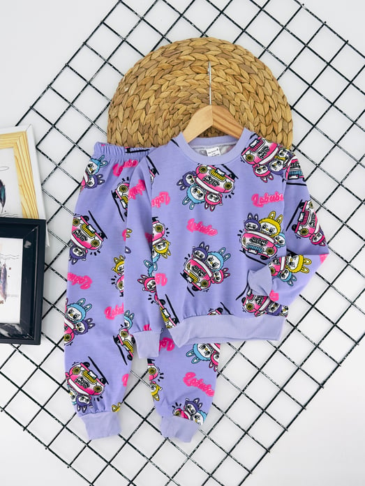 2023-9 Araba Süren Lbb Baskılı Kız Çocuk Şardonlu Pijama Takımı-LİLA