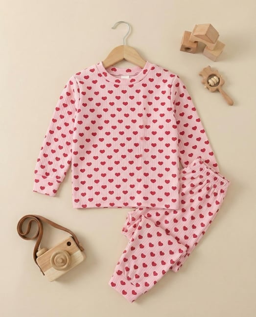 2026-10 Küçük Kalp Baskılı Fitilli Kumaş Kız Çocuk Pijama Takımı-PEMBE